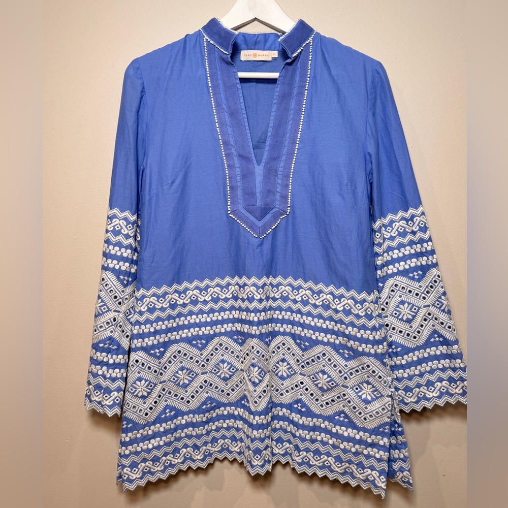 Tory Burch Zita baby blue with white contrast embroidered cotton tunic Size 6